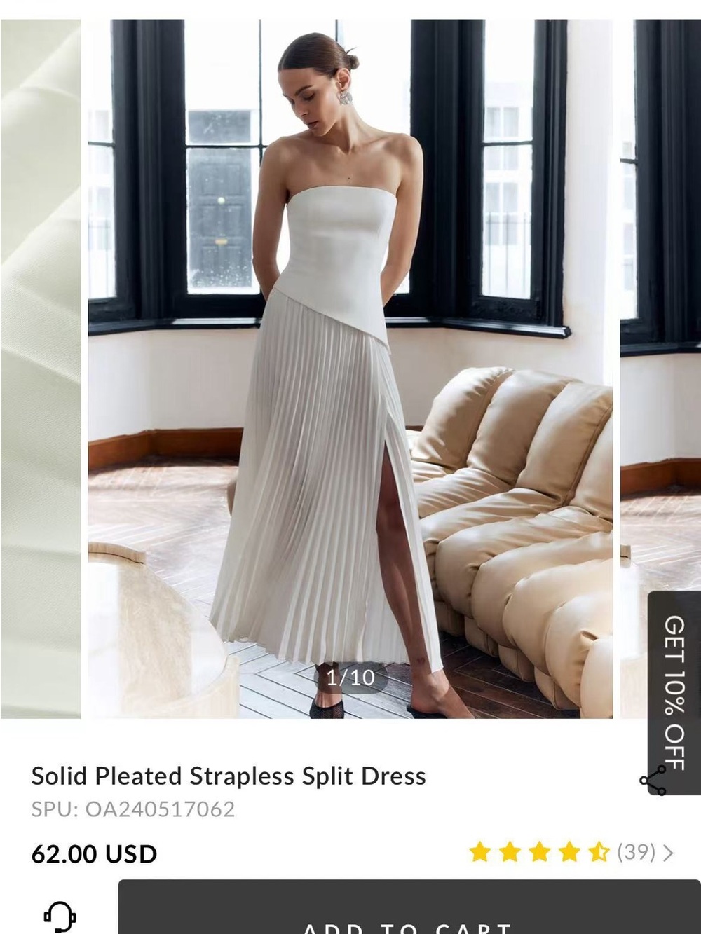 COMMENSE Strapless Pleated Split Maxi Dress in Ivory